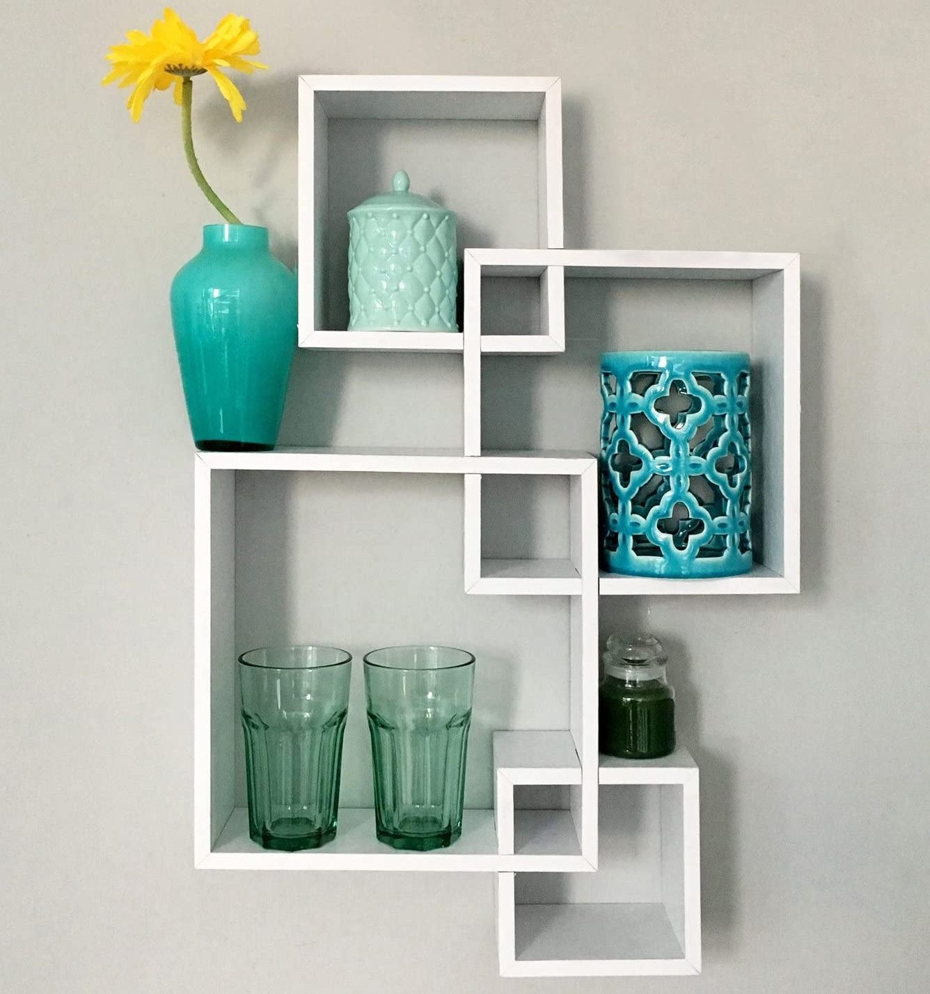 White Square Floating Cube Shelves Intersecting Wall Mounted Shelves for Bedrooms Living Rooms