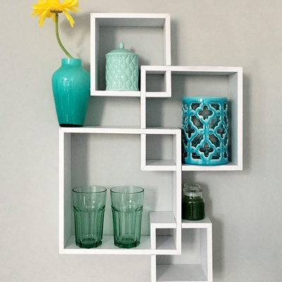 White Square Floating Cube Shelves Intersecting Wall Mounted Shelves for Bedrooms Living Rooms