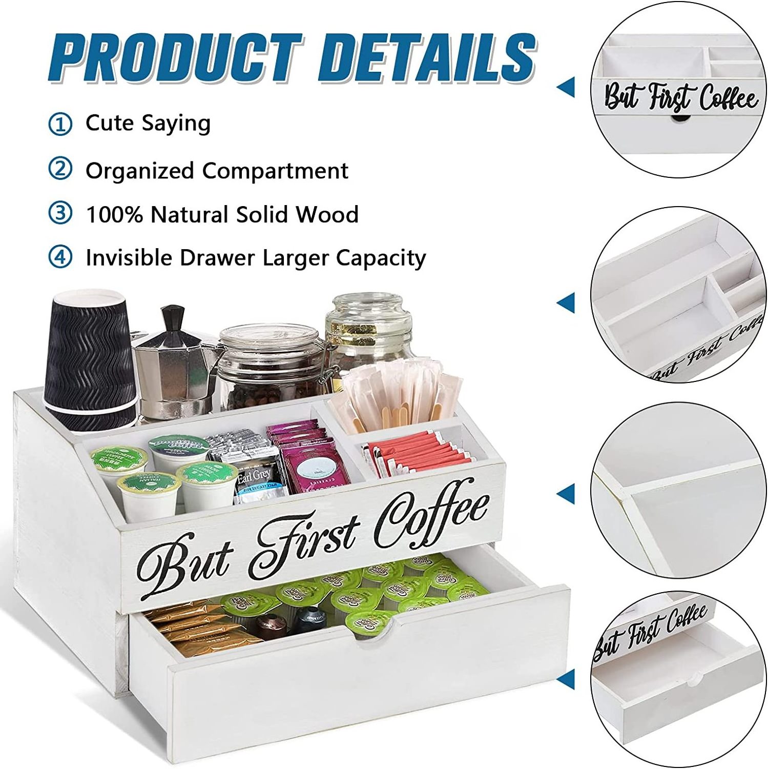 Coffee Station Organizer Wood K Cup Coffee Pods Holder with Drawer Countertop Coffee Bar Accessories Tea Bag Organizer