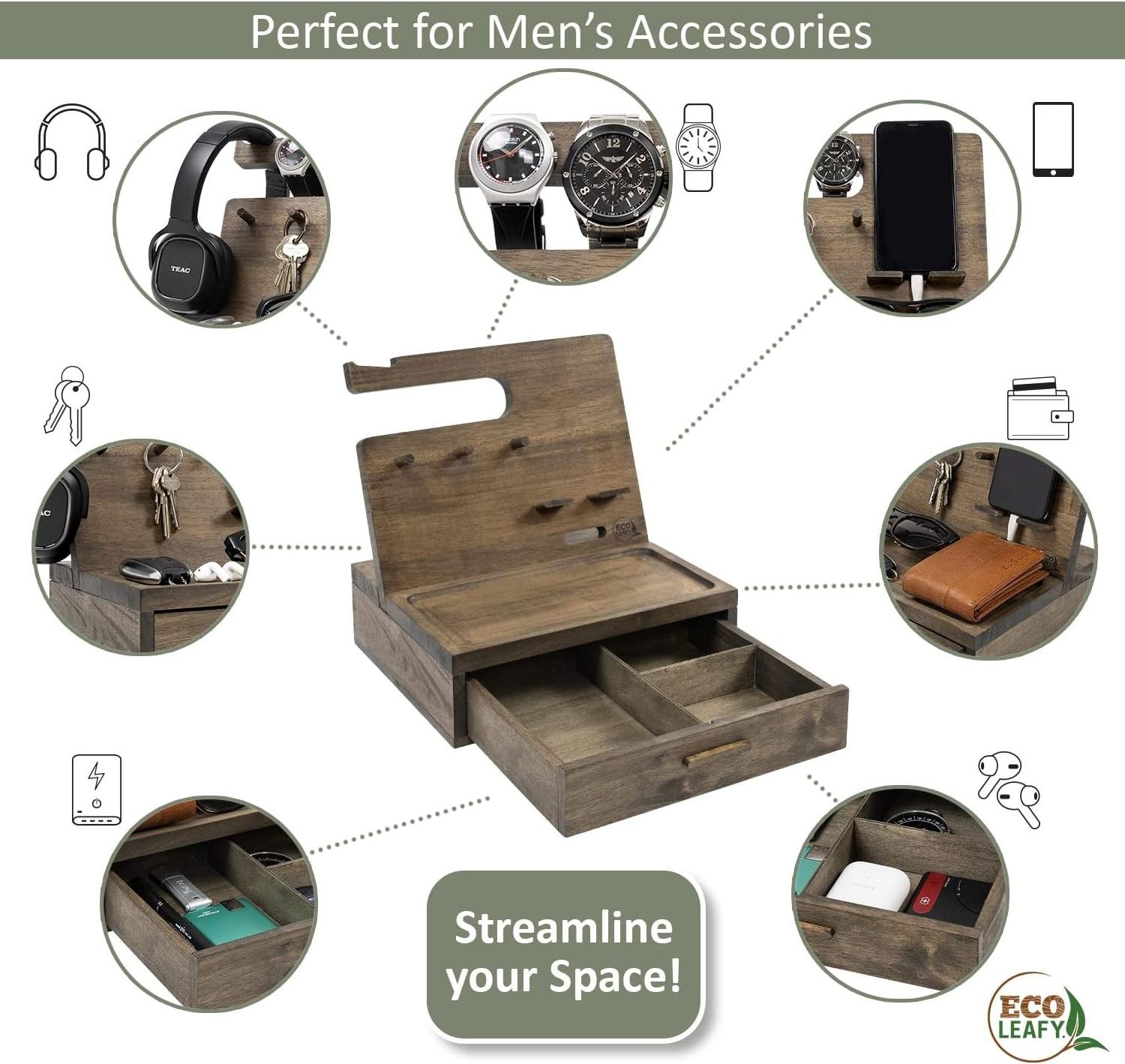 Nightstand Organizer Valet Tray for Men Rustic Bedside Table 