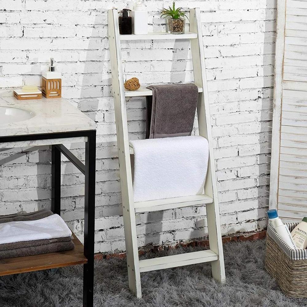 4.5-foot Tall Torched Wooden Ladder Shelf Wood Blanket Ladder Rack Vintage White