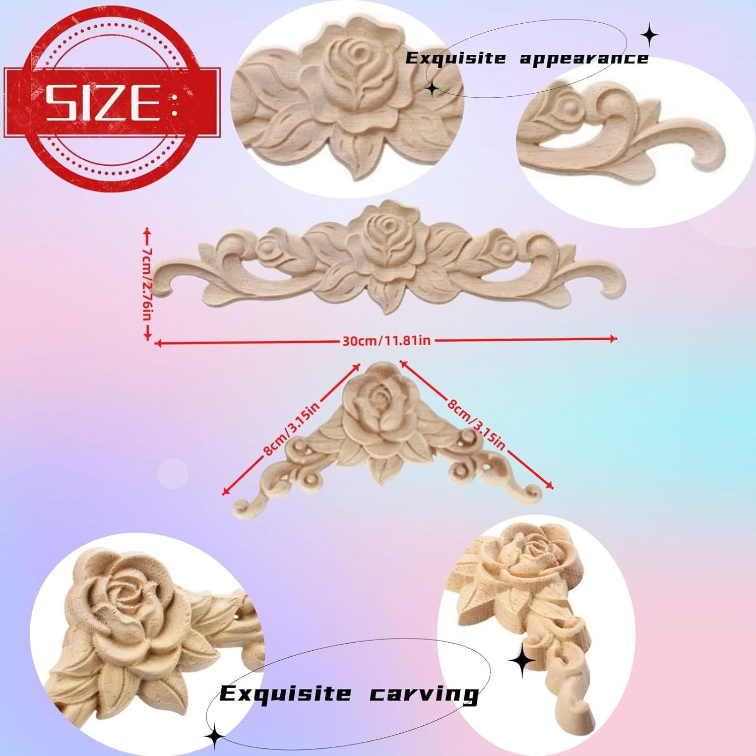 5PCS Wood Carved Onlay Applique Wood Appliques Onlays DIY Carved Furniture Appliques Onlays Unpainted Center Carving Decal