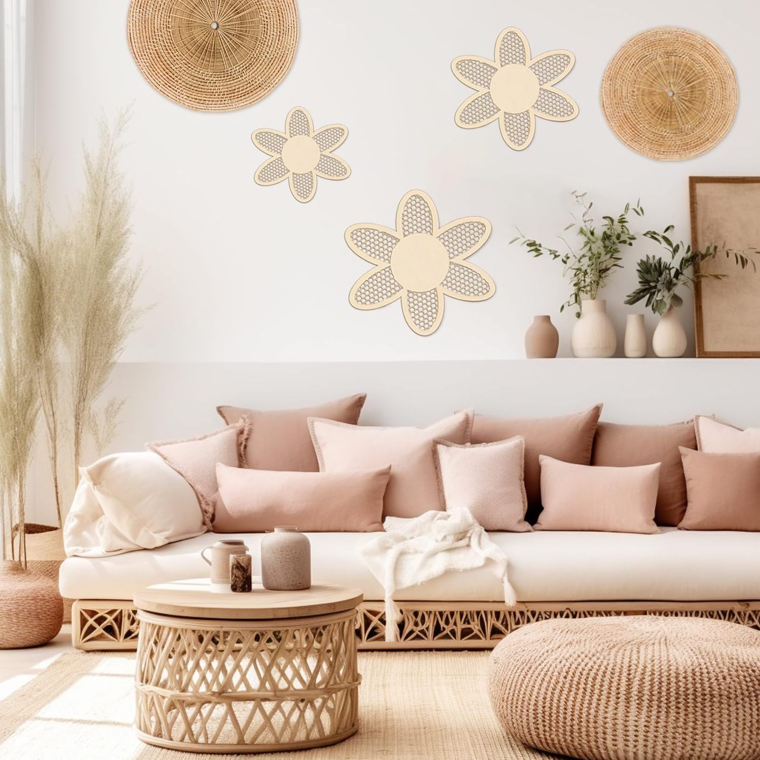 Boho Daisy Wall Decor 3 Pieces Large Wooden Rattan Flower Wall Hanging Art Boho Nursery Decor