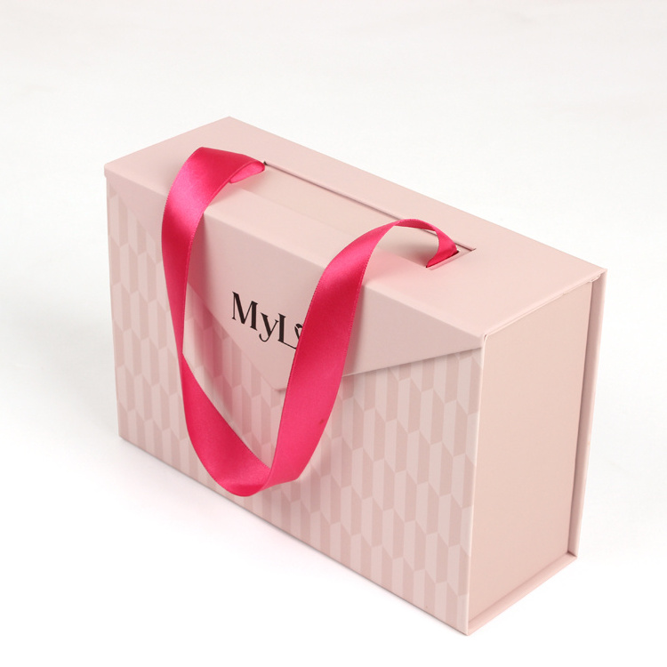 Custom ribbon handle pink rigid paper cardboard packaging magnetic folding  paper mothers day wedding magnetic luxury gift box