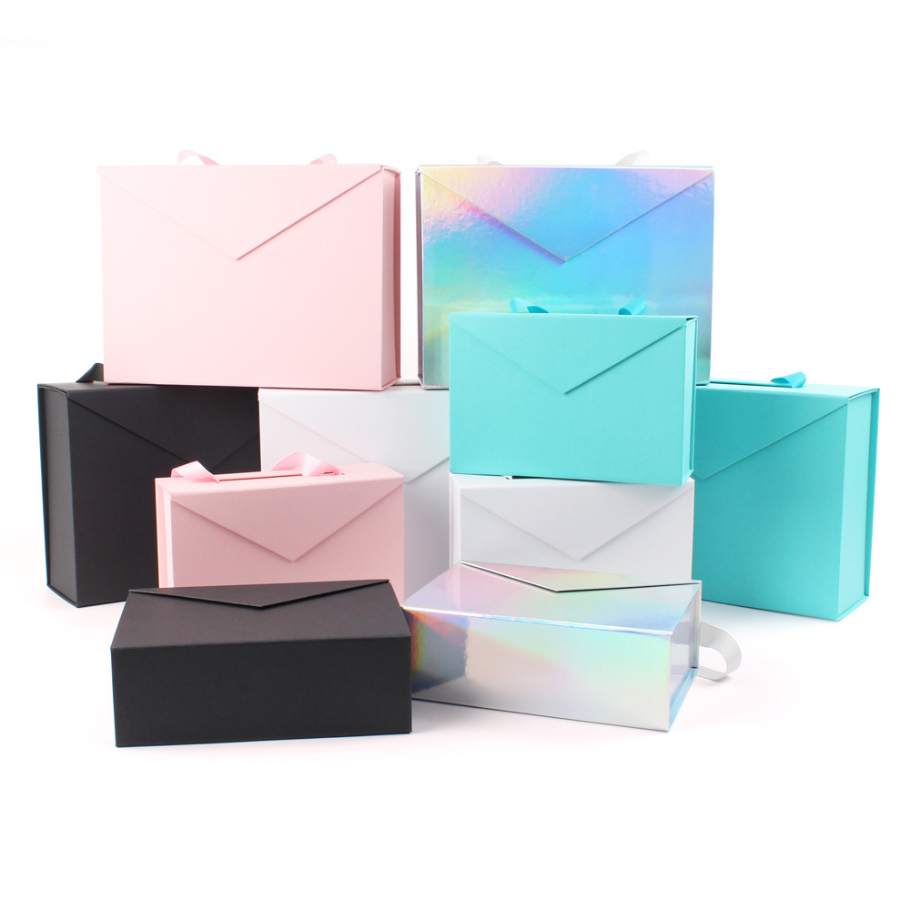 Custom ribbon handle pink rigid paper cardboard packaging magnetic folding  paper mothers day wedding magnetic luxury gift box