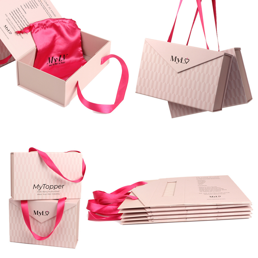 Custom ribbon handle pink rigid paper cardboard packaging magnetic folding  paper mothers day wedding magnetic luxury gift box