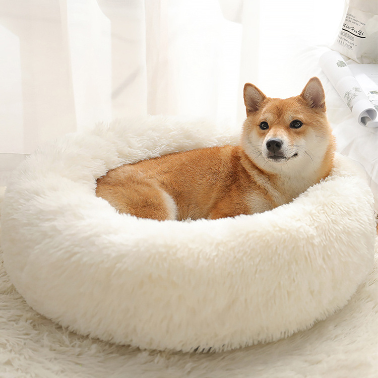 Pet supplies dropshipping agent washable luxury furry round shape large cat pet dog bed soft dog kennel