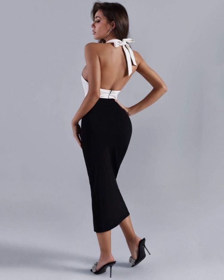 Sexy Lacey see-through black and white contrast halterneck corset midi dress high-end elegant  formal women dress