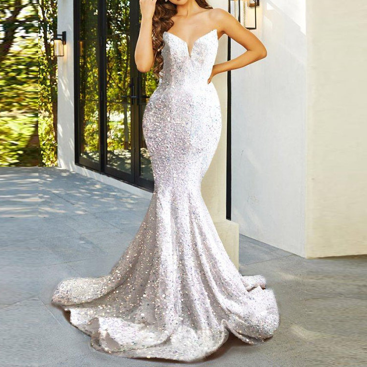 OEM Sequins Strapless Long Prom Party Fishtail Evening Dress