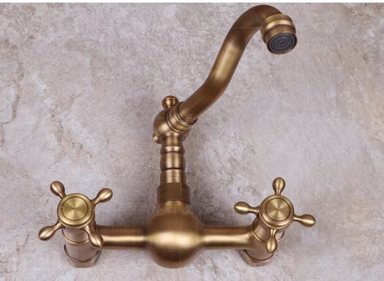 High quality double handle antique wall mounted brass kitchen sink faucet