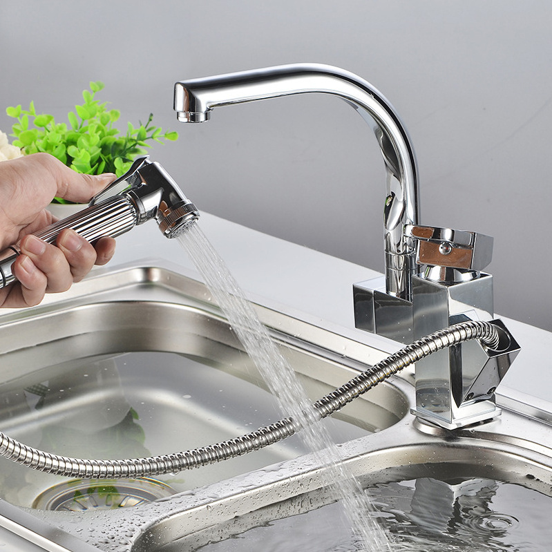 Multifunctional kitchen faucet brass chrome-plated extraction kitchen sink mixing faucet with spray faucet