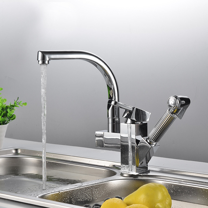 Multifunctional kitchen faucet brass chrome-plated extraction kitchen sink mixing faucet with spray faucet