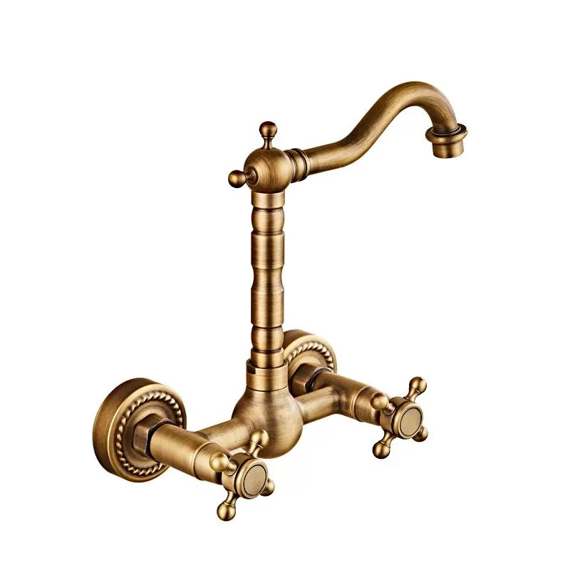 High quality double handle antique wall mounted brass kitchen sink faucet