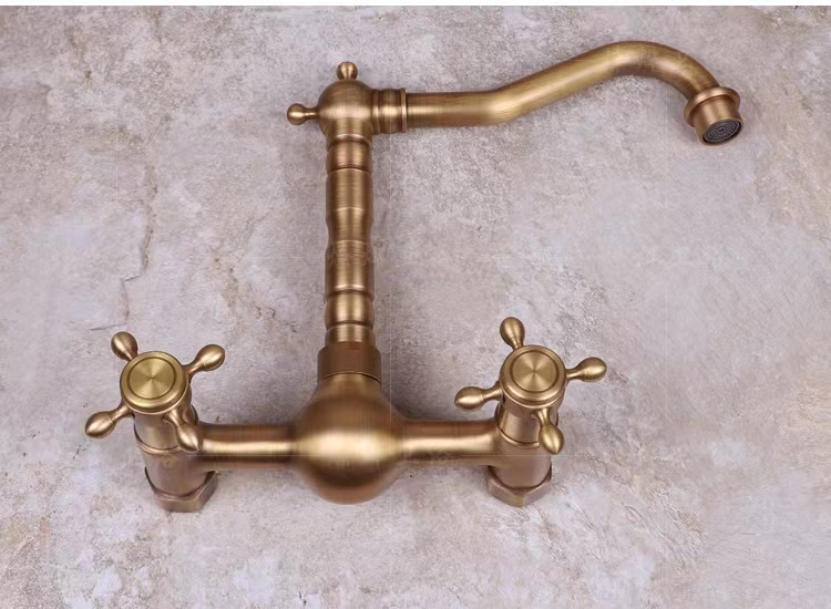 High quality double handle antique wall mounted brass kitchen sink faucet