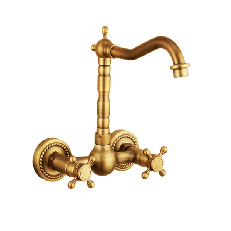 High quality double handle antique wall mounted brass kitchen sink faucet