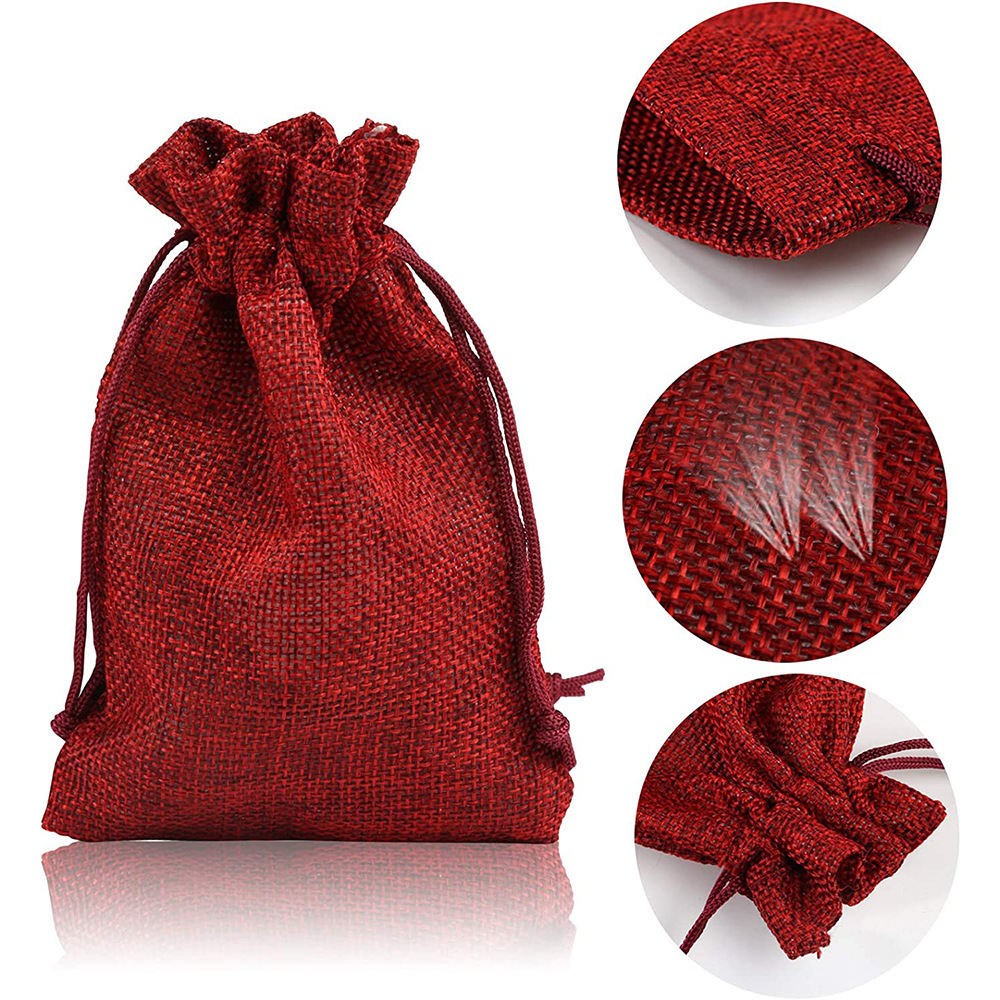 Manufacture Custom Logo Birthday Muslim Beautiful Red Hemp Jute Cotton Drawstring Design Jewelry Gift Bags