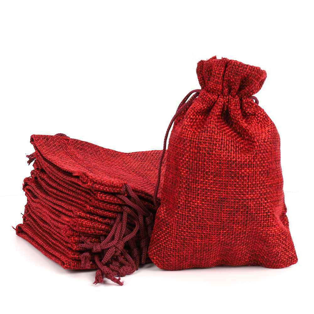 Manufacture Custom Logo Birthday Muslim Beautiful Red Hemp Jute Cotton Drawstring Design Jewelry Gift Bags