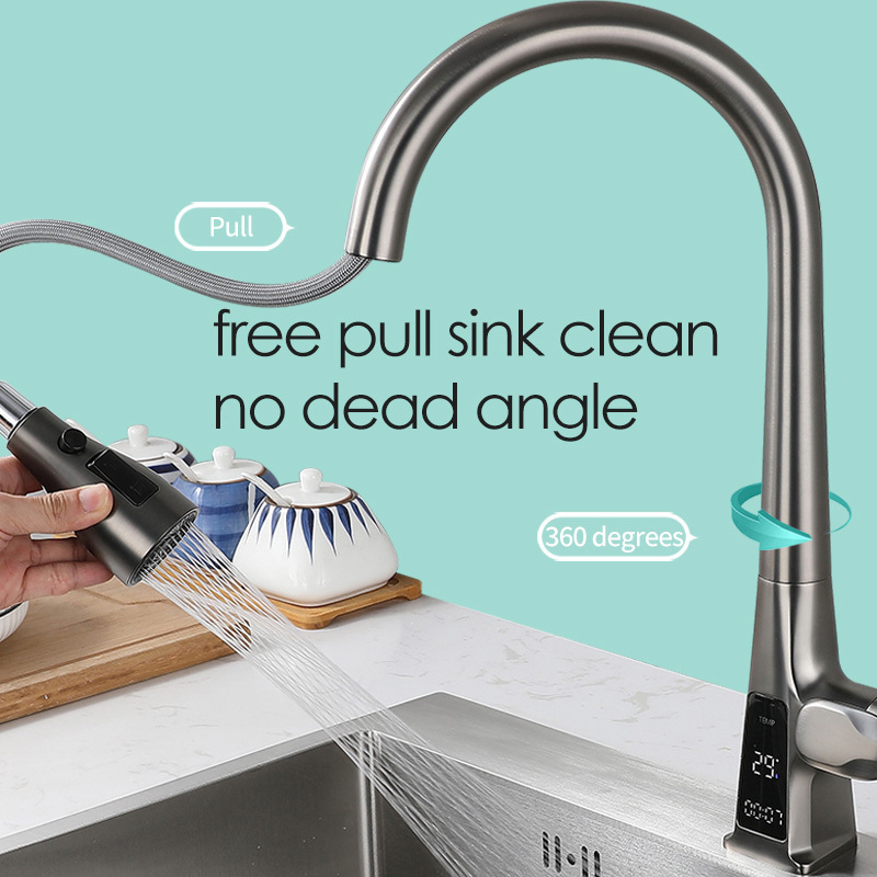 New Design Pull-out Kitchen Sink Gun Ash Single Hole Flying Rain Waterfall Basin Faucet