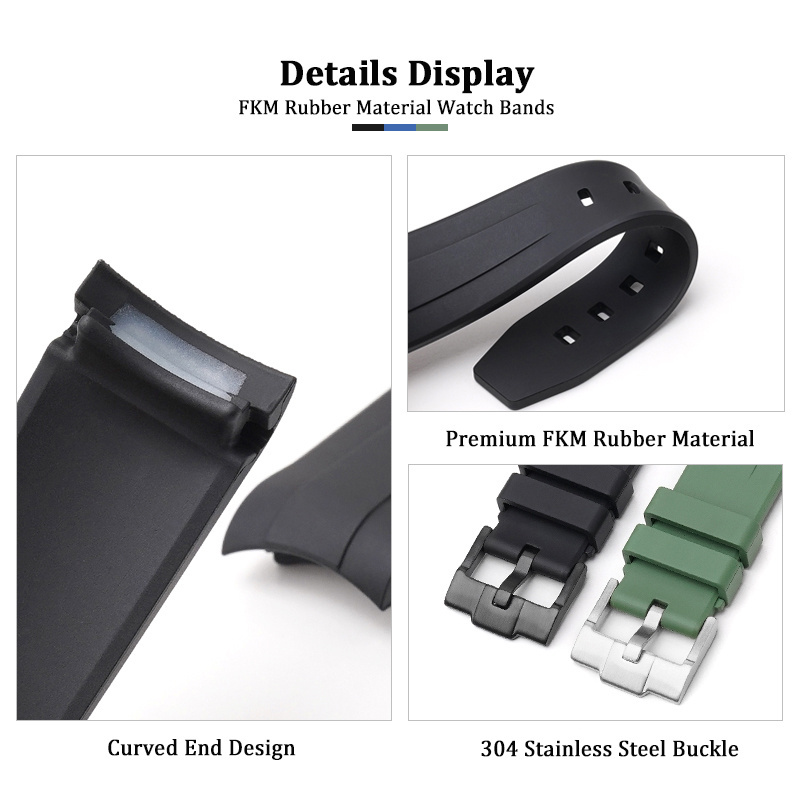 OEM FKM Rubber Watch Strap Bracelet 20mm Curved End Watch Bands For Rolex Daytona Water Ghost GMT Submariner Watch