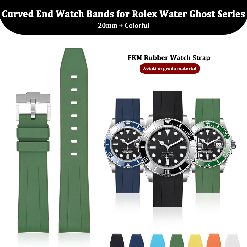 OEM FKM Rubber Watch Strap Bracelet 20mm Curved End Watch Bands For Rolex Daytona Water Ghost GMT Submariner Watch