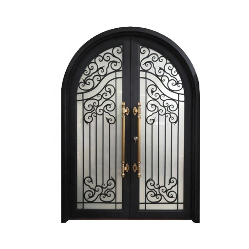 2023 french glass door Wrought Iron Outdoor Security Galvanize Tempered Glass door use villa