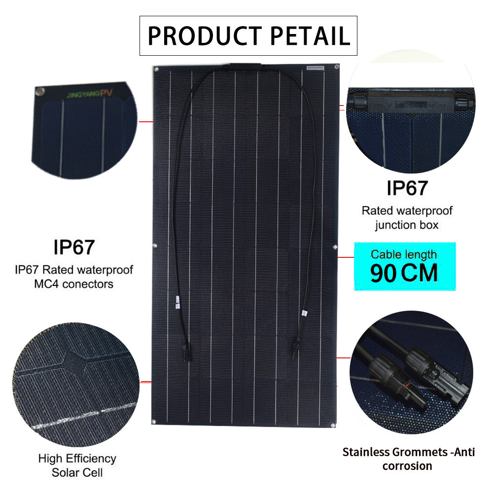 ETFE Solar Panel 100W 12V 24V Monocrystalline Flexible 200W System Kit Black Solar Battery Charger with PV Connector for RV Boat