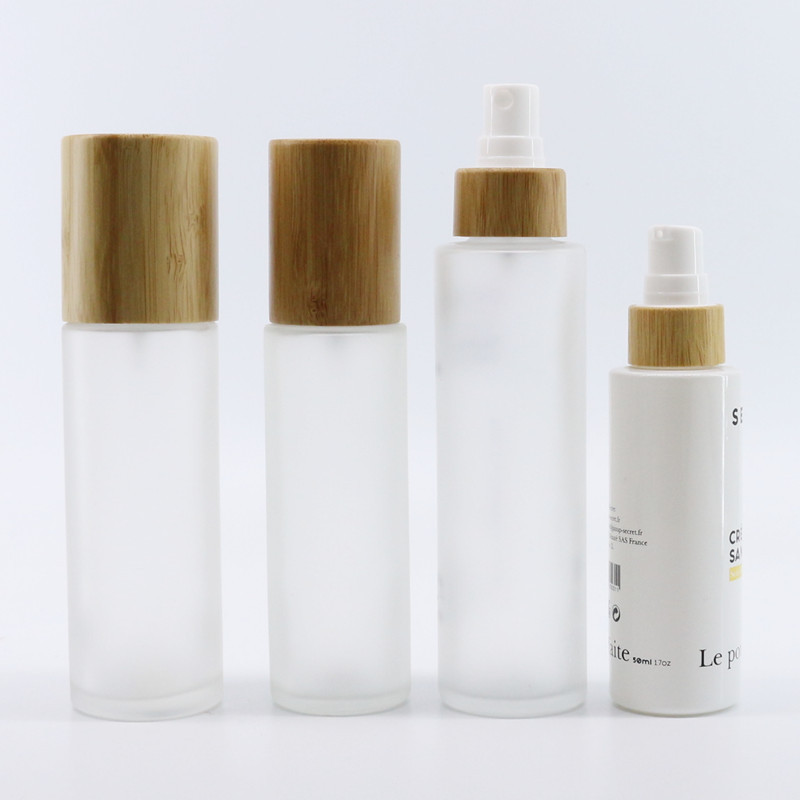 Empty bamboo cosmetic packaging 30ml 40ml 50ml 100ml 120ml frosted lotion pump glass spray dropper bottle with wood bamboo lid