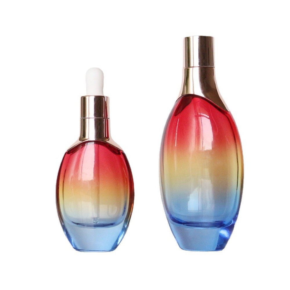 Custom 30ml 50ml cosmetic rainbow flat round dropper glass bottle /essential perfume glass dropper packaging