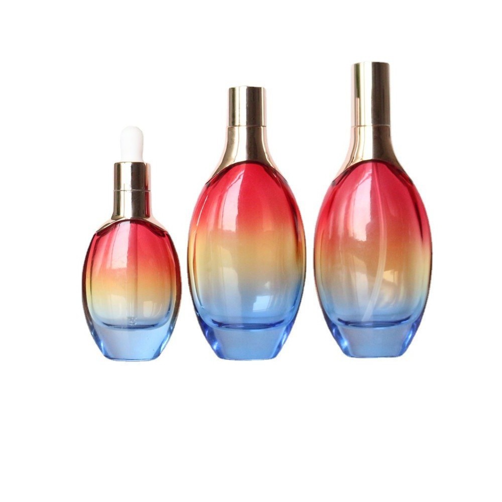 Custom 30ml 50ml cosmetic rainbow flat round dropper glass bottle /essential perfume glass dropper packaging