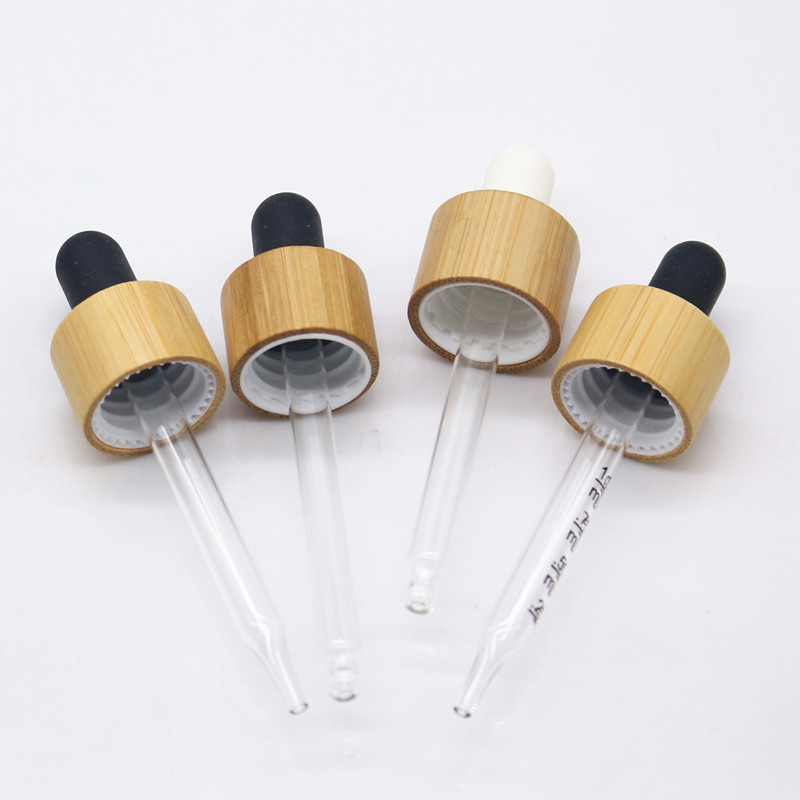 18mm 20mm bamboo wooden dropper cap for essential oil bottle use 18/410 20/410 Bamboo lid Closure with Glass pipette Silicon Top