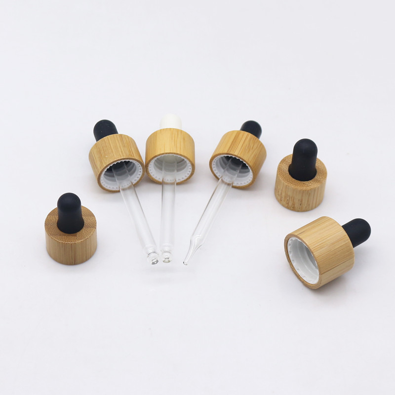 18mm 20mm bamboo wooden dropper cap for essential oil bottle use 18/410 20/410 Bamboo lid Closure with Glass pipette Silicon Top