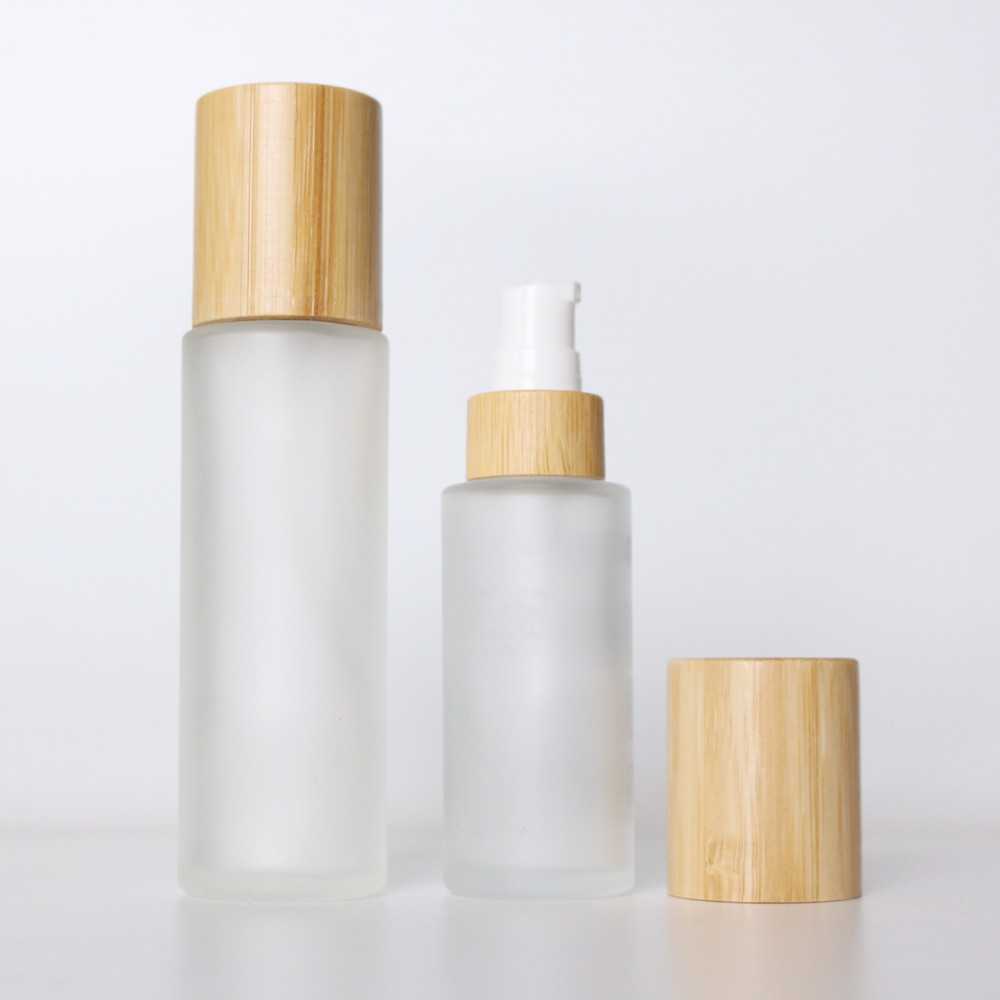 Empty bamboo cosmetic packaging 30ml 40ml 50ml 100ml 120ml frosted lotion pump glass spray dropper bottle with wood bamboo lid