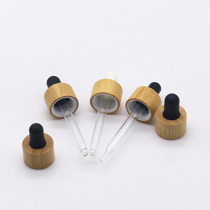 18mm 20mm bamboo wooden dropper cap for essential oil bottle use 18/410 20/410 Bamboo lid Closure with Glass pipette Silicon Top