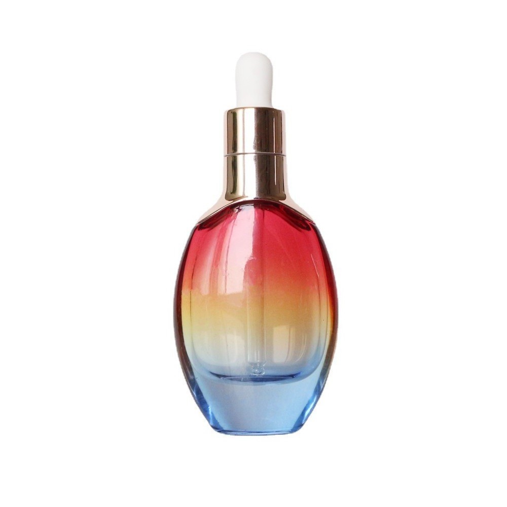 Custom 30ml 50ml cosmetic rainbow flat round dropper glass bottle /essential perfume glass dropper packaging