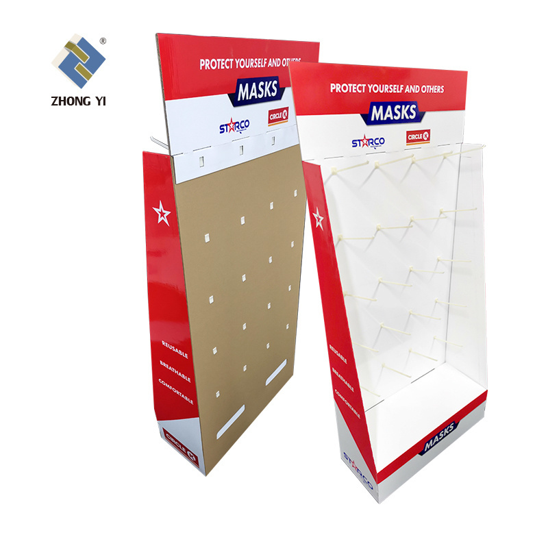 Double Sided Corrugated Cardboard Hook Peg Display Rack Corrugated Retail Floor Cardboard Pegboard Display Stand With Hooks