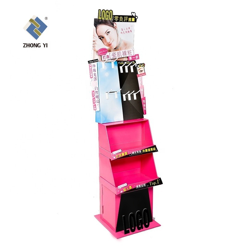 Retail Custom Printing Corrugated Beauty Shop Cosmetics Stand Eyeshadow Display Shelves Makeup Lipstick Holder with Hooks