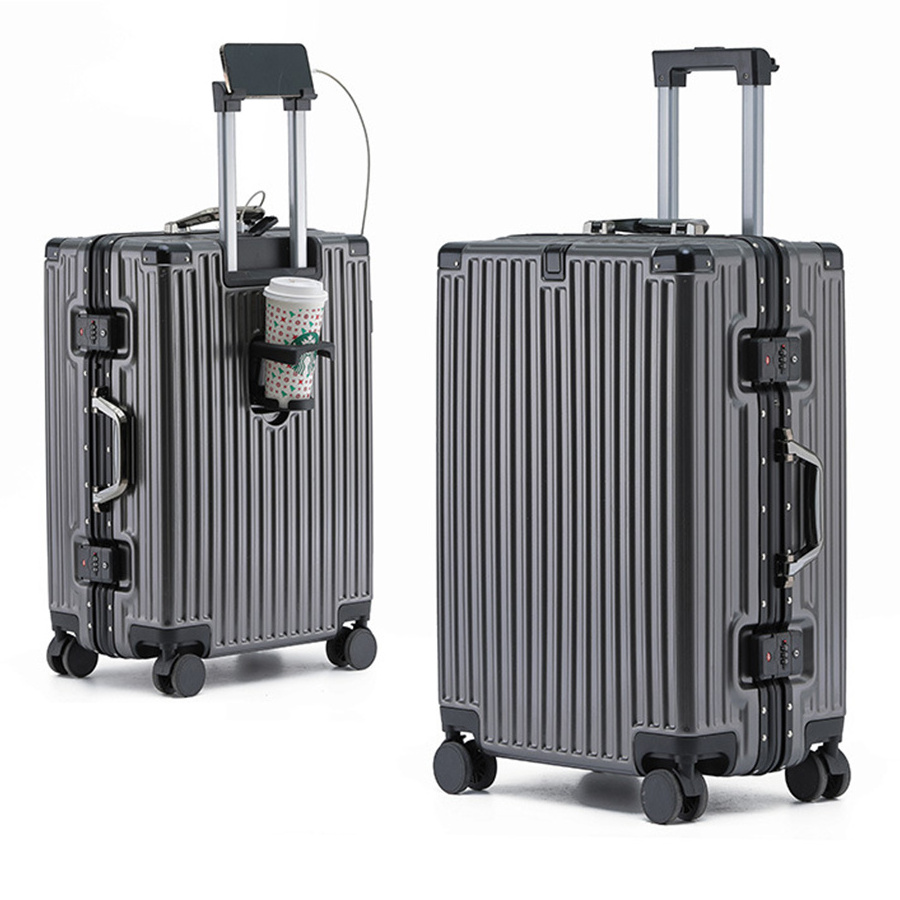 Multifunctional  Suitcase Aluminum Frame travel case Spinner Wheel USB Charger Valiz Carry on Travel Luggage with cup holder