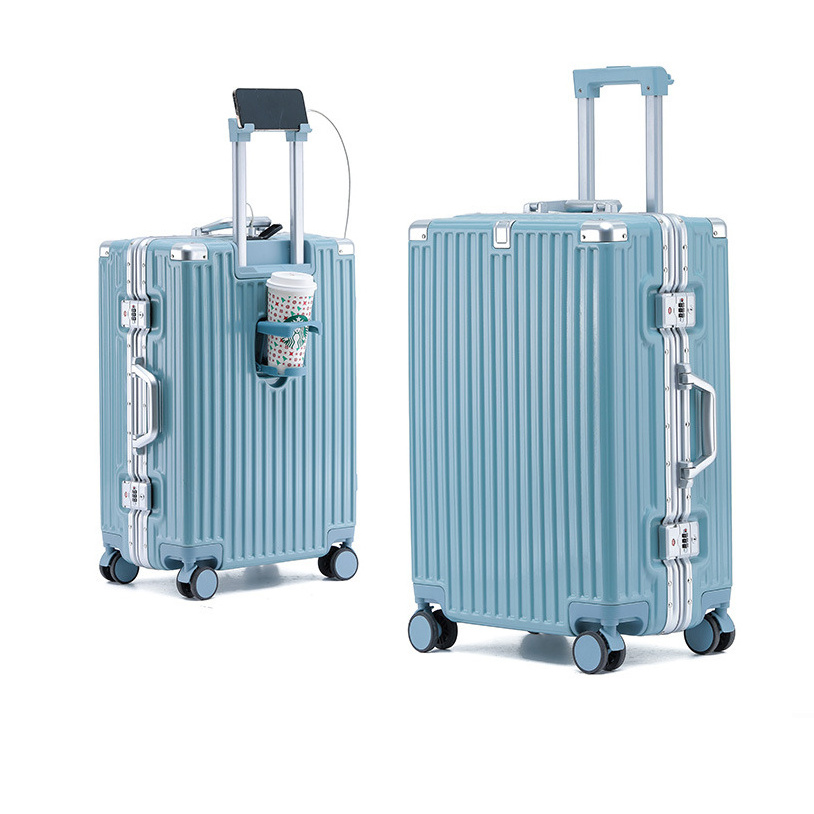 Multifunctional  Suitcase Aluminum Frame travel case Spinner Wheel USB Charger Valiz Carry on Travel Luggage with cup holder