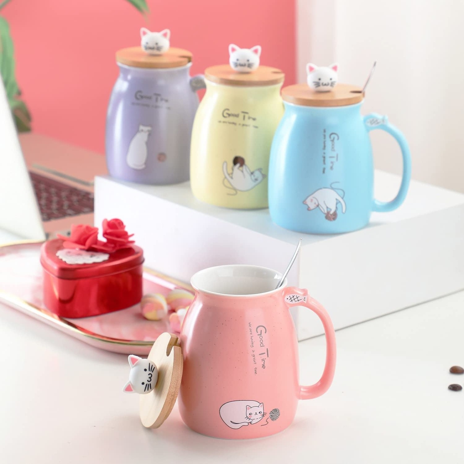 New design cute cat ceramic mug with 3D cat wooden lid and spoon couple cartoon cats Milk Cup for women girls kids