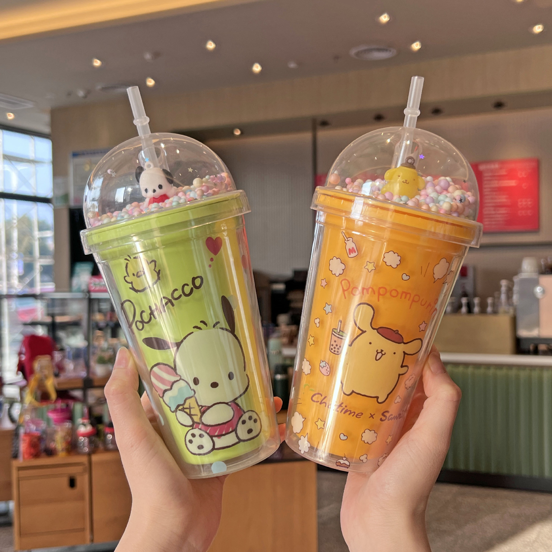 New 450ML Summer cycling double plastic creative vacuum water cup cute cartoon kid gift clear straw water bottle