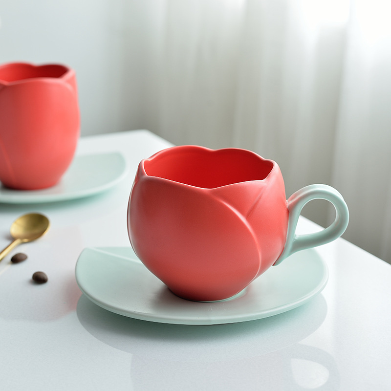 Instagram Retro Tulip Coffee Cup Set with High Appearance and Exquisite Afternoon Tea Ceramic Flower Mark Cup with Cup and Plate