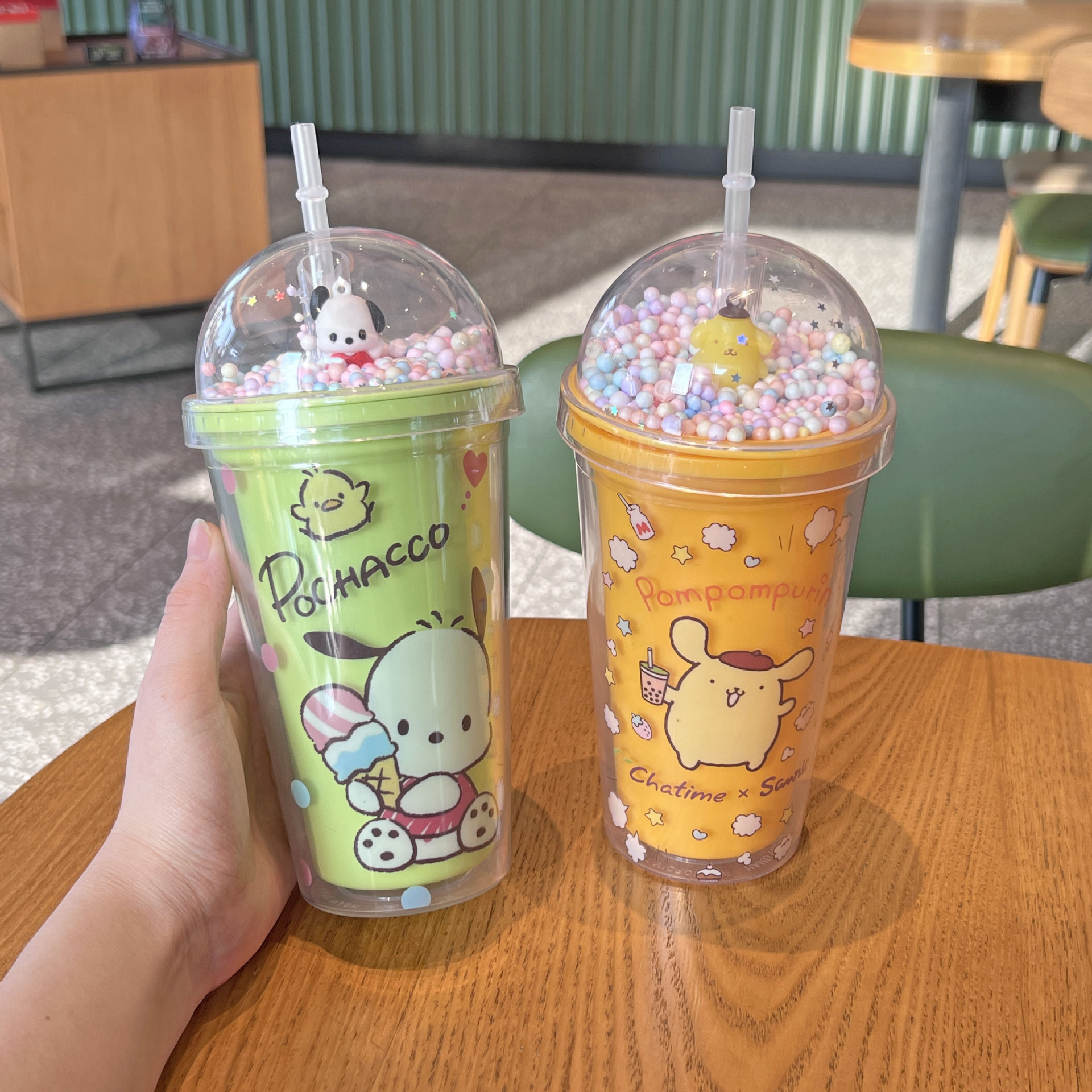 New 450ML Summer cycling double plastic creative vacuum water cup cute cartoon kid gift clear straw water bottle