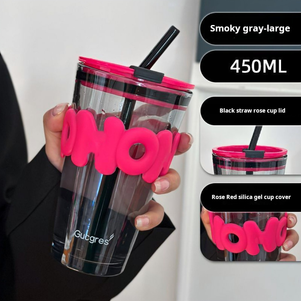 High Aesthetic Student Straw Couple Drinking Water Cup Portable Glass Coffee Mug Companionship Gift