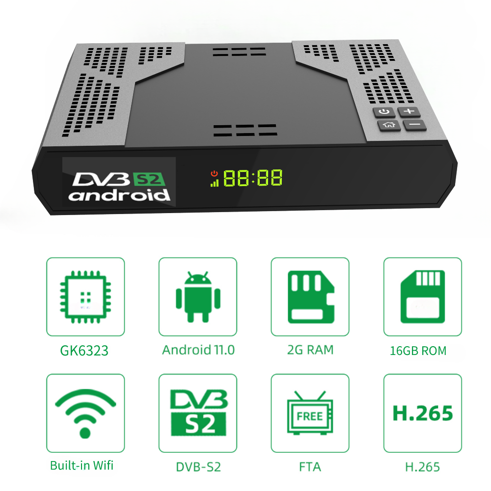 OEM 4k Android DVB S2 Hybrid combo ott TV Box GK6323 H.265 5G Wifi Iptv OTT+DVB Decoder Android Set-top Box Satellite Receiver