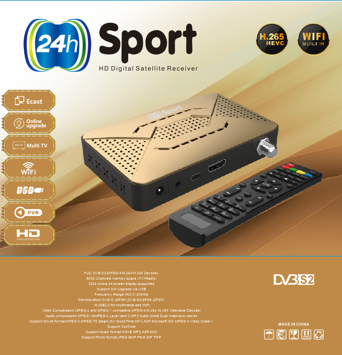 2024 New h.265 DVB-S2 iks server Digital Satellite TV Receiver hevc 265 24h-Sport II FTA Decoder HD IP*TV Set Top Box for Africa