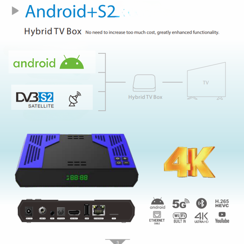 OEM 4k Android DVB S2 Hybrid combo ott TV Box hi6323 H.265 5G Wifi Iptv OTT+DVB Decoder Android Set-top Box Satellite Receiver