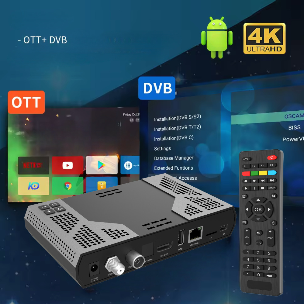 OEM 4k Android DVB S2 Hybrid combo ott TV Box hi6323 H.265 5G Wifi Iptv OTT+DVB Decoder Android Set-top Box Satellite Receiver