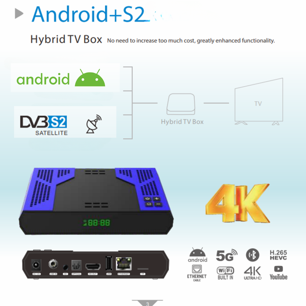 OEM 4k Android DVB S2 Hybrid combo ott TV Box hi6323 H.265 5G Wifi