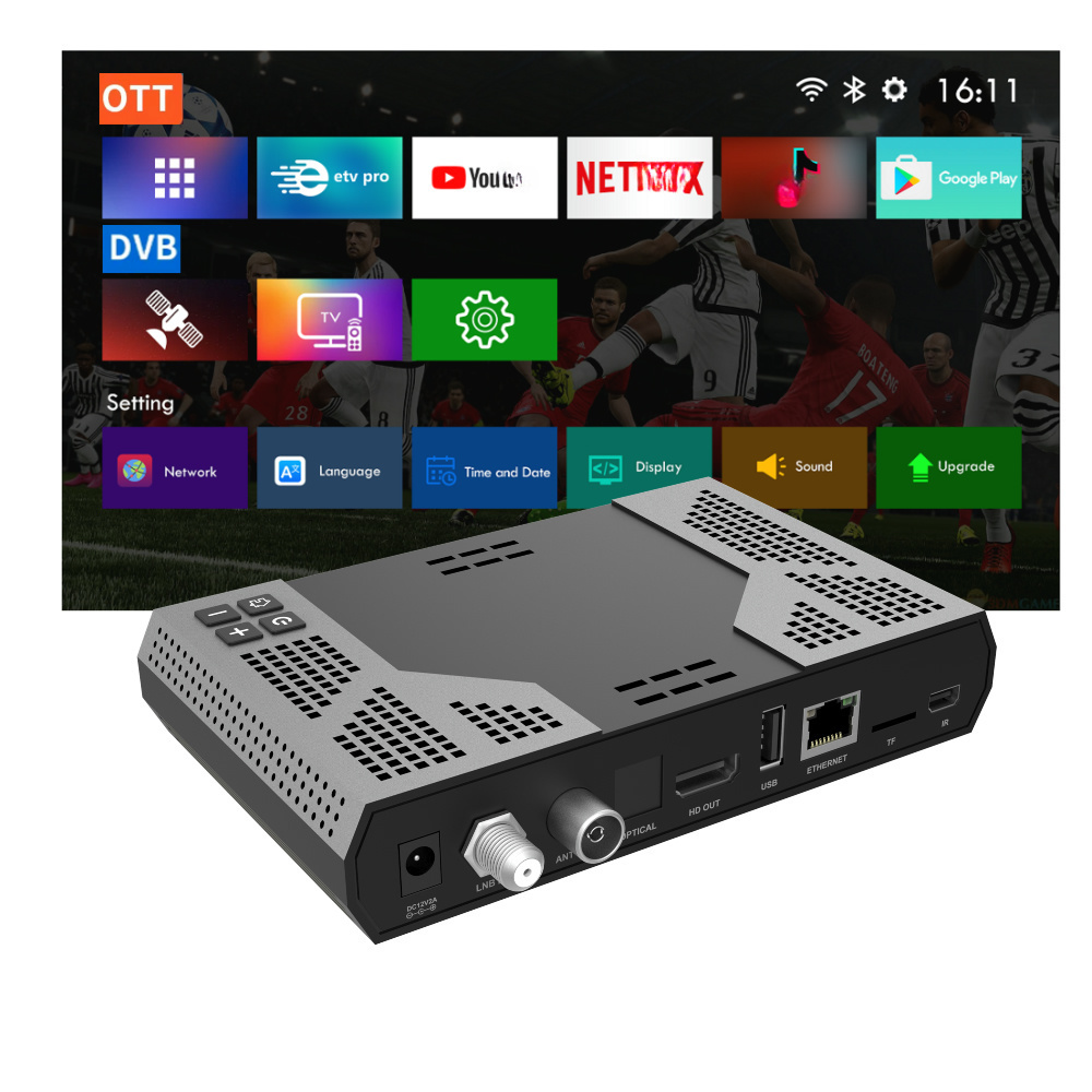 OEM 4k Android DVB S2 Hybrid combo ott TV Box hi6323 H.265 5G Wifi Iptv OTT+DVB Decoder Android Set-top Box Satellite Receiver