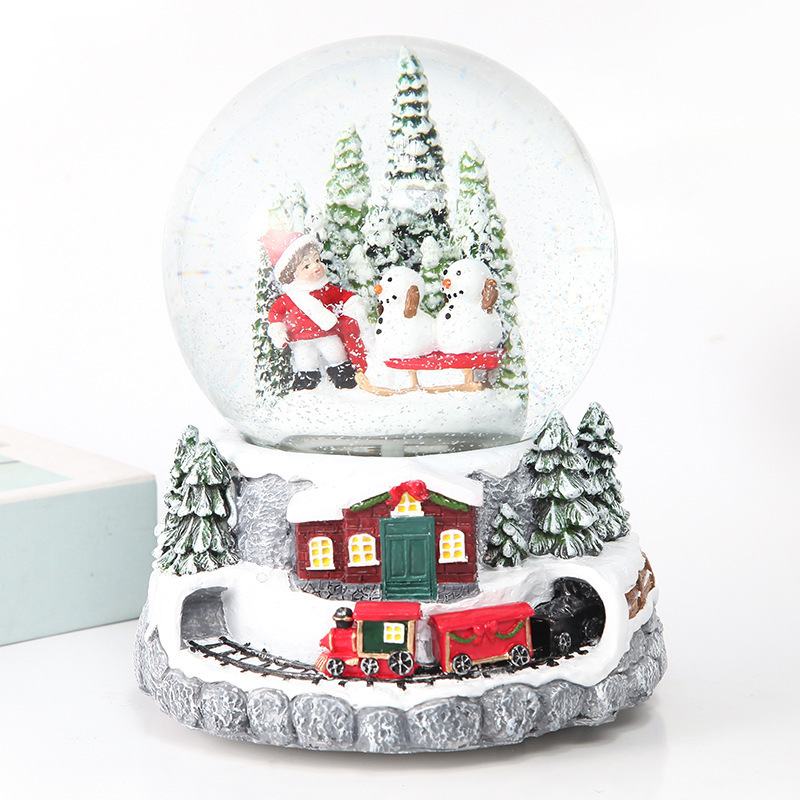 custom 100MM snow globes wholesale Train circling Christmas snowman and Santa Claus snow globe ornament gift